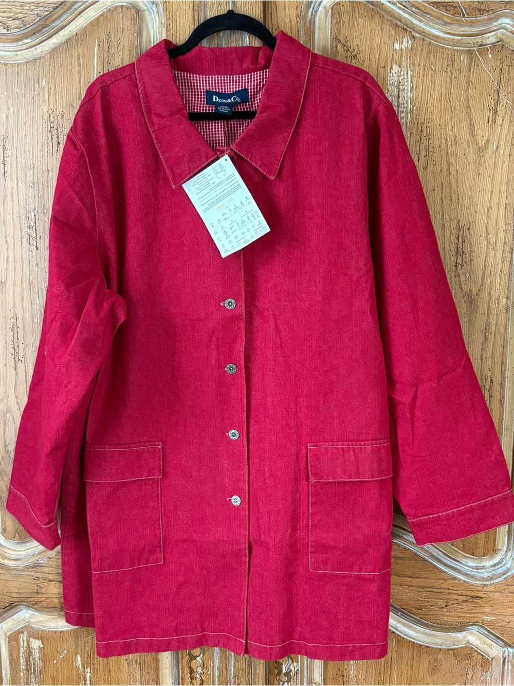 Denim & Co. Red Utility Barn Jacket Gingham interior Plus Size 3X NWT